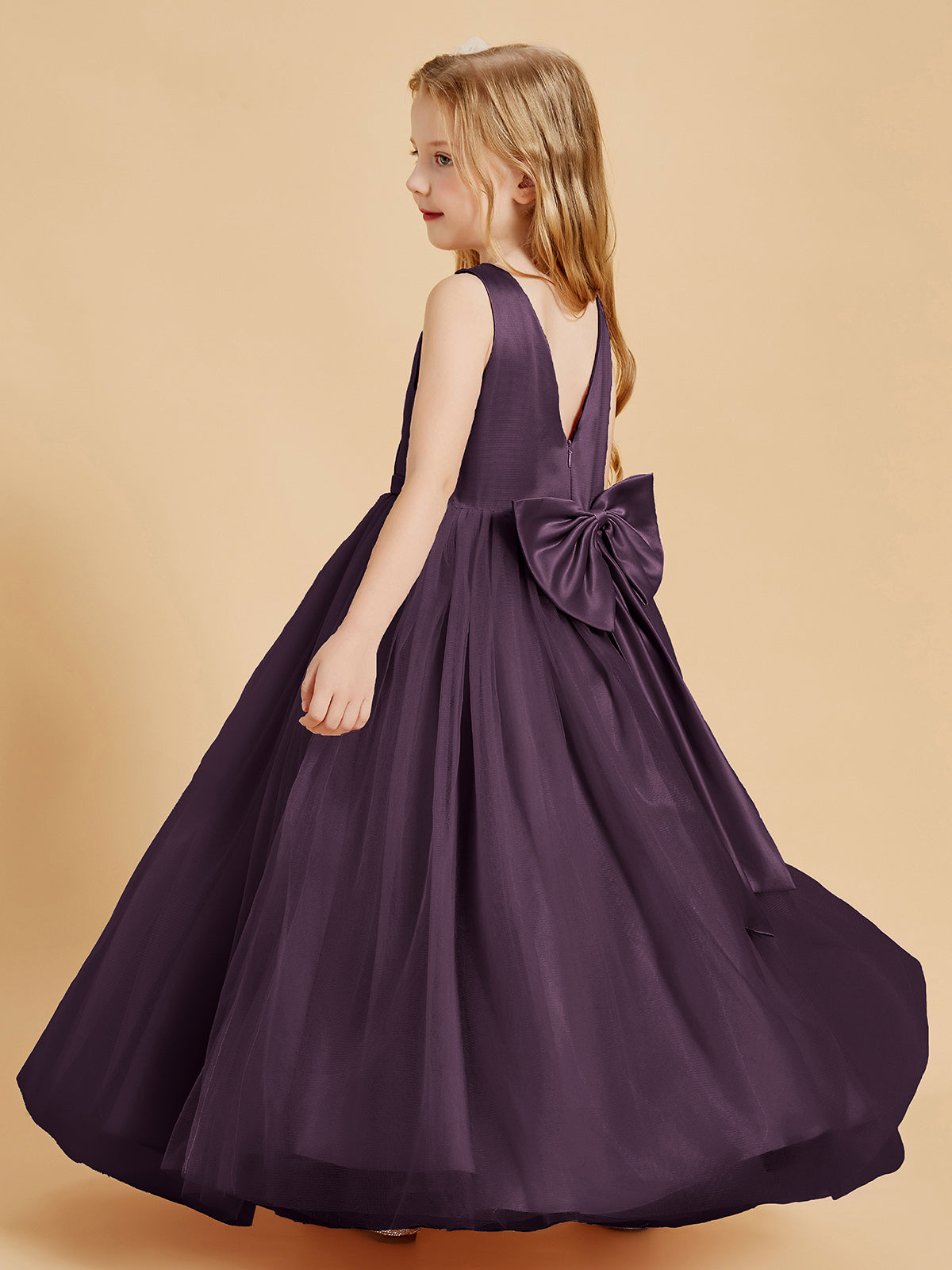 Tulle Junior Bridesmaid Dresses Satin Top Plum